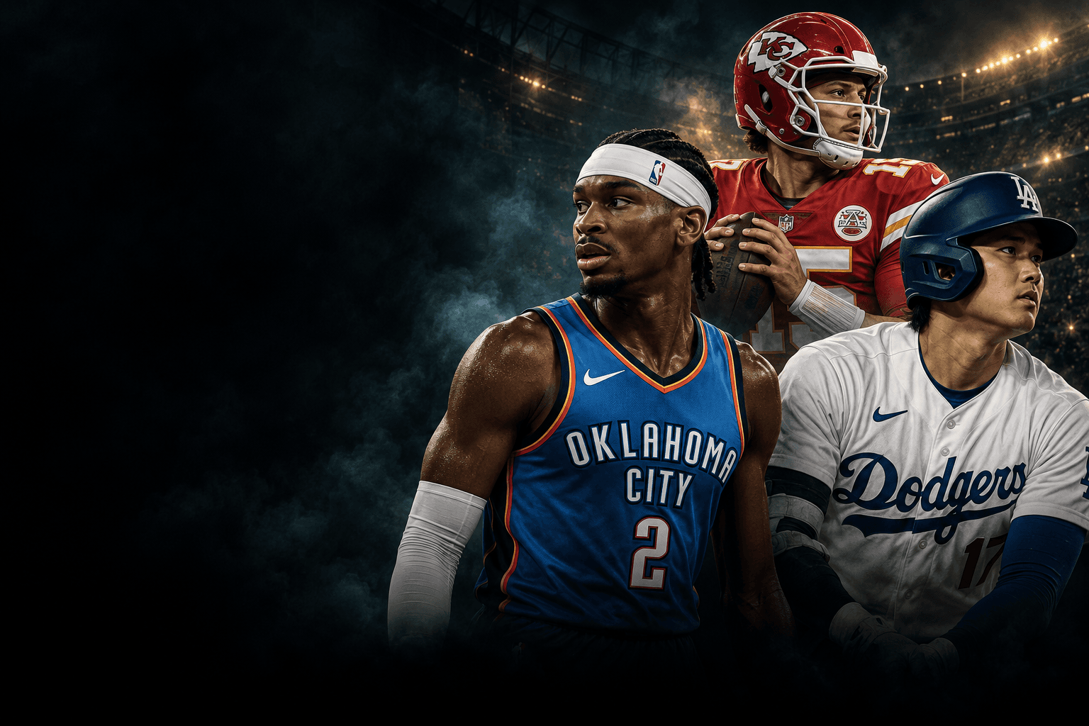 Basketball, football and baseball athletes in a floodlit arena